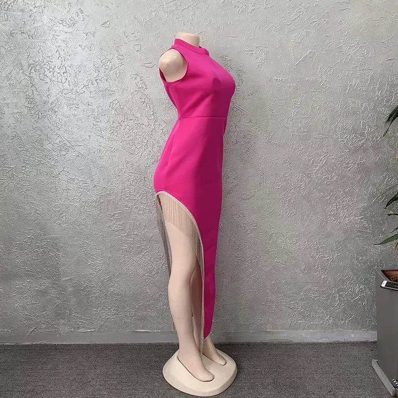Vestido Bandagem Feminino Sexy Brilhante com Fenda e Franjas Vestido Longo Elegante para Noite Y407