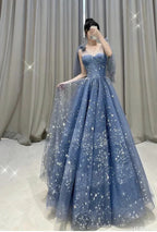 Abito da sera lungo in tulle blu per ballo di fine anno Y4901
