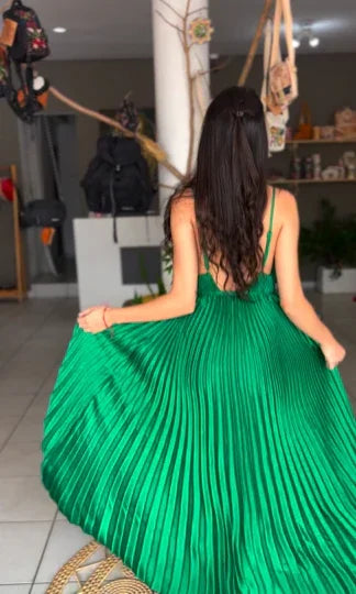 Abito da sera a linea ad A con spalline verdi sottili, scollo a V plissettato, per festa o ballo Y7958