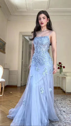 Vestido de Noite Sereia Comprido com Aplicações de Tule Azul Elegante Vestido de Baile Y8156