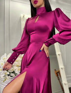 Robe de soirée longue à manches bouffantes en ligne A avec fente Y7015
