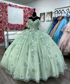 Salbeigrüne Quinceañera-Kleider mit 3D-Blumen Süßer 15. Geburtstagsballkleid Y2614