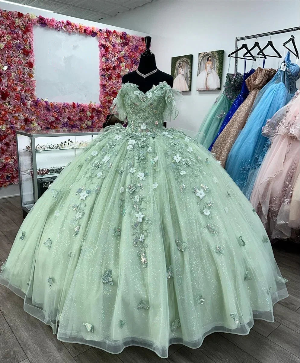 Vestidos de quinceañera verde salvia con flores en 3D Vestido de baile dulce 15 cumpleaños Y2614