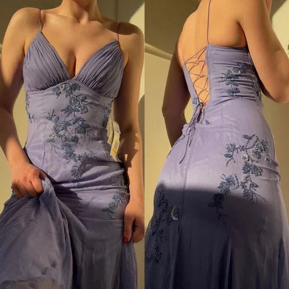 Elegante Abito Lungo da Sera con Spalline Sottili in Chiffon Blu per Festa e Ballo Y7457