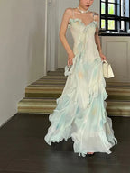 Hermoso vestido de fiesta verde de gasa con volantes en capas y tirantes, vestido de noche Y7897