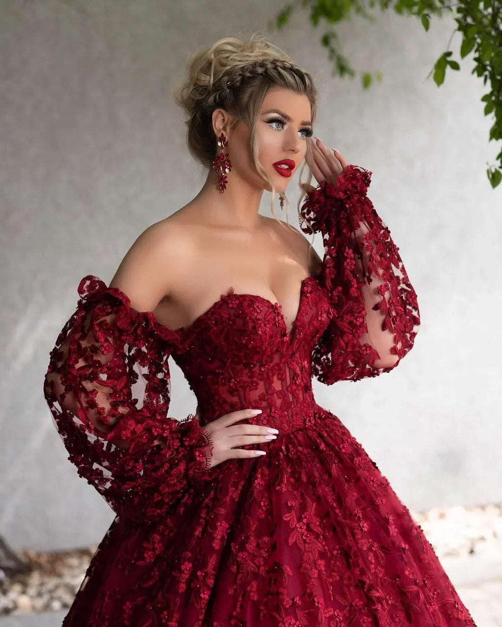 Abiti da sera lunghi in pizzo rosso scuro con perline, scollo a barca, maniche lunghe, vestito formale a linea ad A, taglie comode, mod. Y766