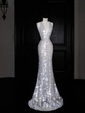 Abito da sera sirena senza schienale con scollo a V sexy e paillettes argento Y8680