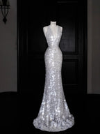 Abito da sera sirena senza schienale con scollo a V sexy e paillettes argento Y8680