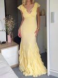 Abito da sera lungo elegante giallo in chiffon a sirena con balze Y8073