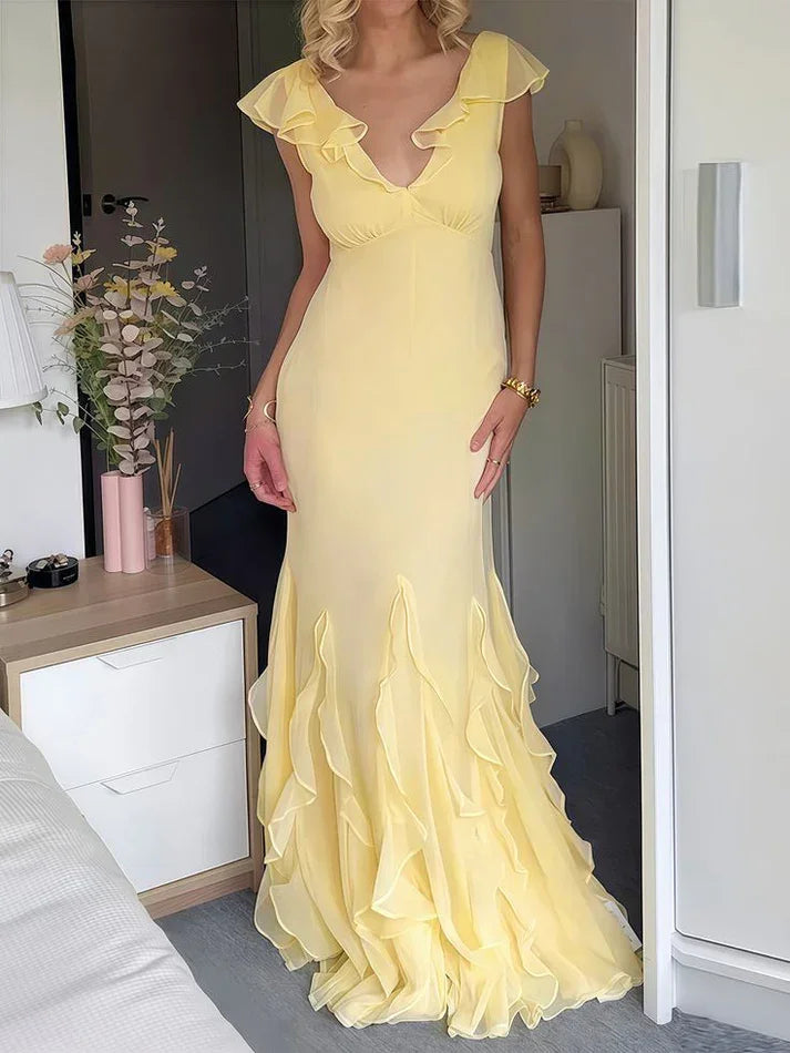 Abito da sera lungo elegante giallo in chiffon a sirena con balze Y8073