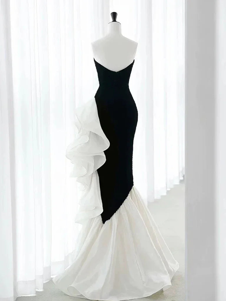 Elegante abito lungo nero in velluto per cerimonia, modello sirena, con pieghe, abito da sera Y8048