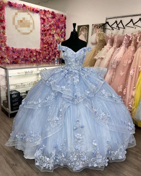 Wunderschönes blaues schulterfreies Ballkleid mit Tüllapplikationen für Geburtstag und Quinceañera Y7835