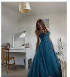 Vestido de Festa Elegante em Tule Brilhante com Alças Finas em Linha A Y406
