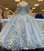 Abito lungo azzurro chiaro con applicazioni 3D carine, scollo a barca, abito da ballo da principessa Y260