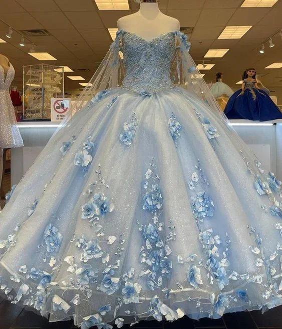 Abito lungo azzurro chiaro con applicazioni 3D carine, scollo a barca, abito da ballo da principessa Y260