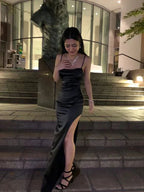Abito da sera nero con spalline sottili Abito da ballo sexy Y427