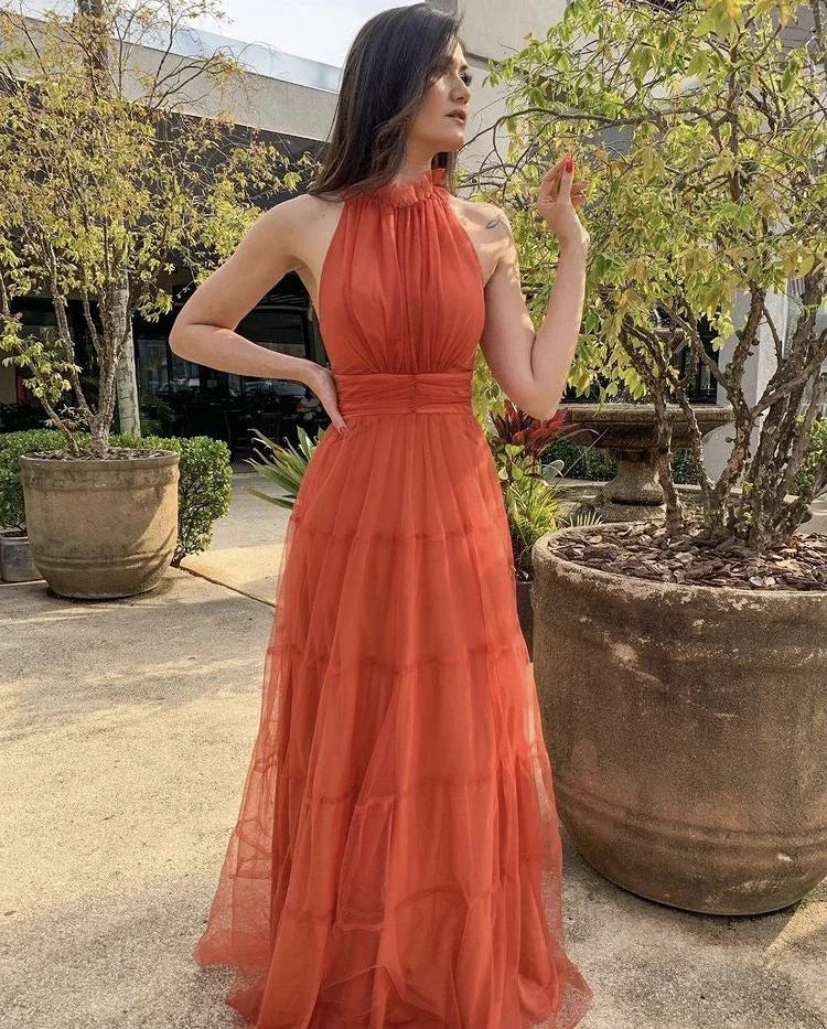 Robe de bal orange élégante en tulle sans manches, coupe en A, robe de soirée orange Y5327