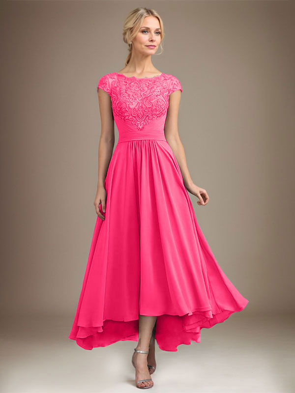Robe de mère de la mariée en mousseline de soie à dentelle asymétrique illusion en décolleté arrondi et coupe en A avec plis