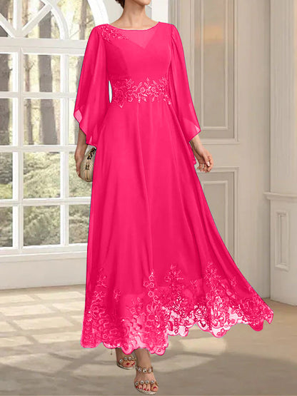 A-Linie, U-Ausschnitt, Illusion, knöchellang, Spitzen-Chiffon, Kleid für die Brautmutter mit Pailletten 