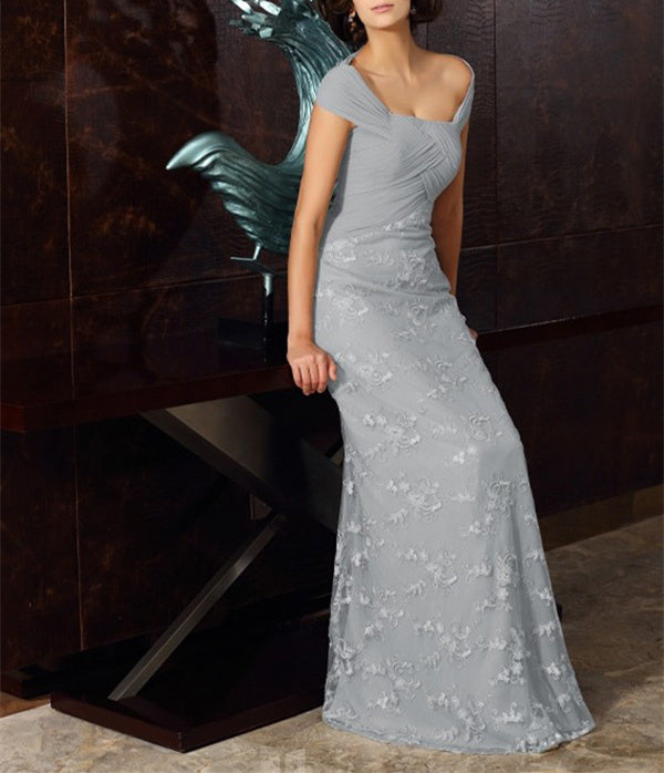 A-Linie/Princess-Linie Schulterfrei Kurze Ärmel Wadenlang Chiffon Brautmutterkleider mit Applikationen Spitze
