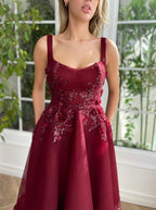 Bmbridal Tulle Square Neck A Line Prom Dress With Lace Appliques