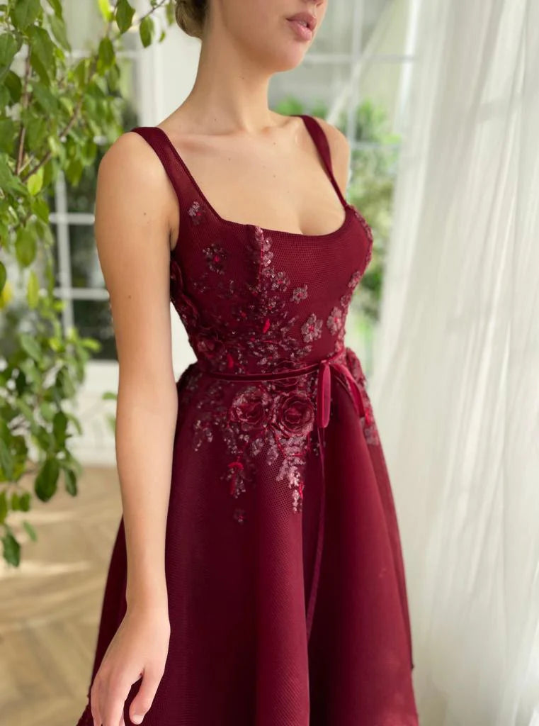 Bmbridal Tulle Square Neck A Line Prom Dress With Lace Appliques