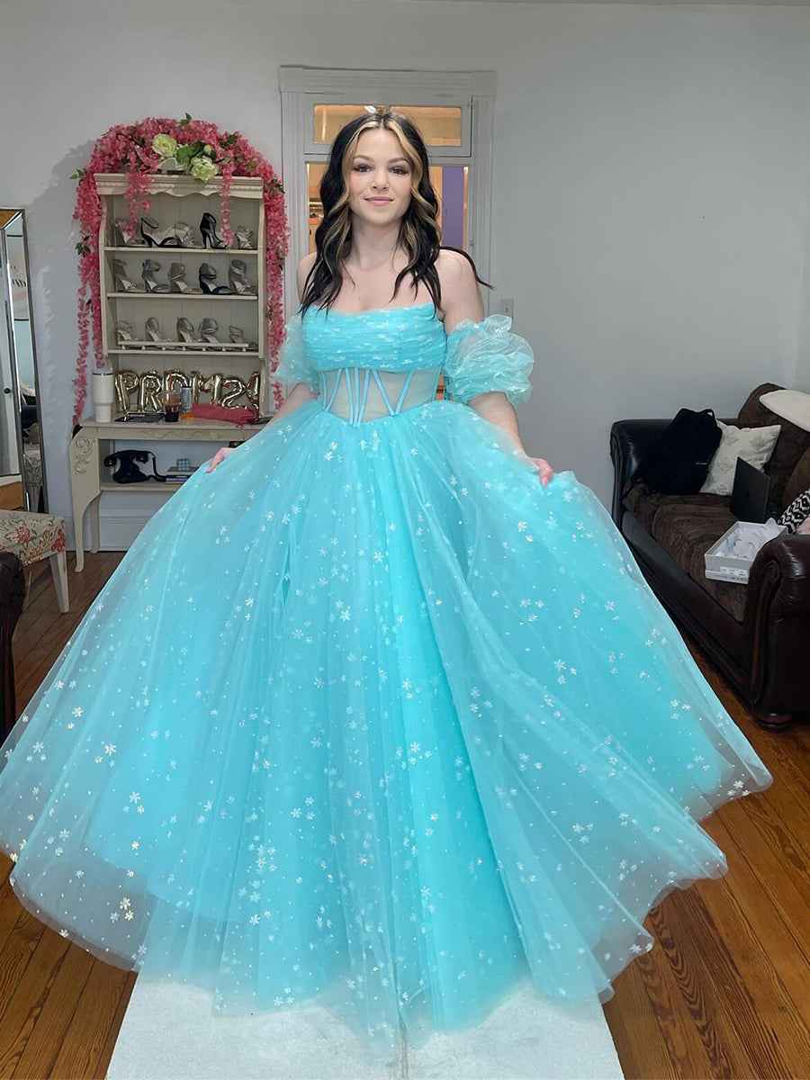 Pink Star Strapless Puff Sleeve Corset Tulle Prom Dress