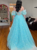 Pink Star Strapless Puff Sleeve Corset Tulle Prom Dress