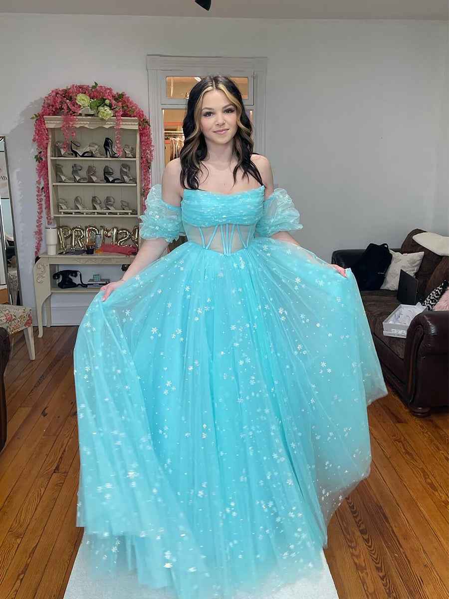 Pink Star Strapless Puff Sleeve Corset Tulle Prom Dress