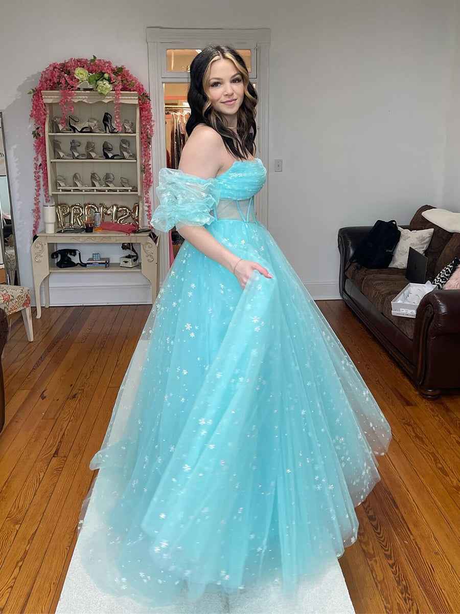 Pink Star Strapless Puff Sleeve Corset Tulle Prom Dress