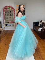 Pink Star Strapless Puff Sleeve Corset Tulle Prom Dress