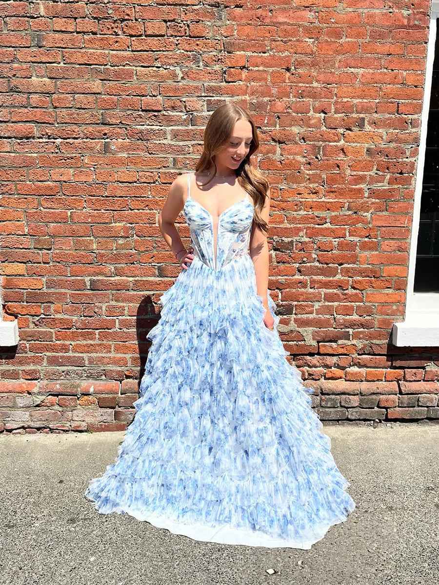 Blue Floral Tiered Ruffled Corset Prom Dress With A Line Silhouette
