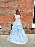 Blue Floral Tiered Ruffled Corset Prom Dress With A Line Silhouette