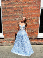 Blue Floral Tiered Ruffled Corset Prom Dress With A Line Silhouette