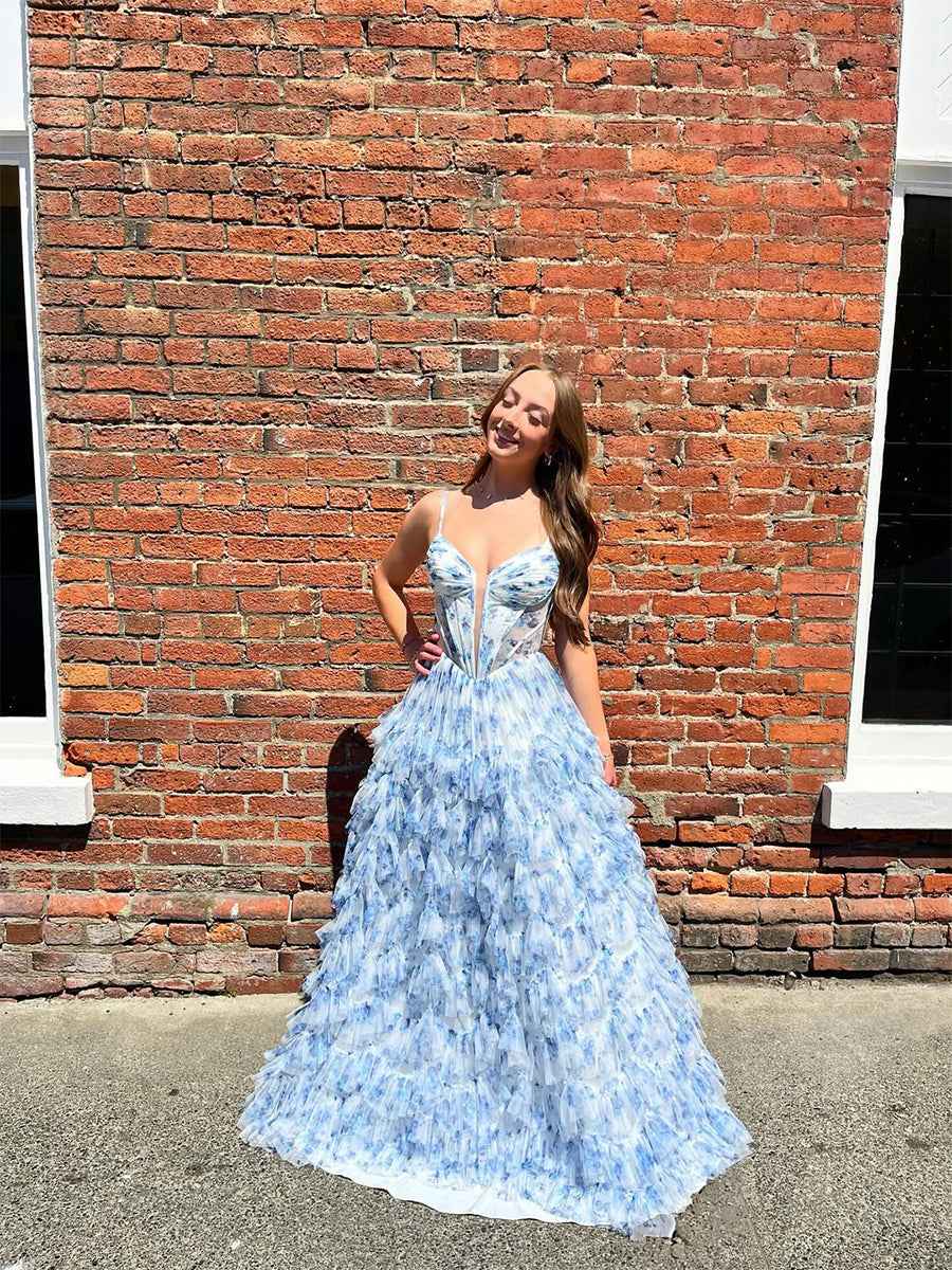 Blue Floral Tiered Ruffled Corset Prom Dress With A Line Silhouette