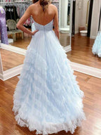 Strapless Ruffled Tulle Long Prom Dress Ball Gown Pastel Lavender