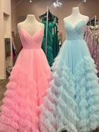 Strapless Ruffled Tulle Long Prom Dress Ball Gown Pastel Lavender