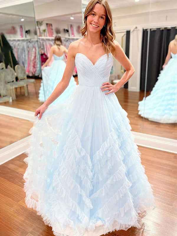 Strapless Ruffled Tulle Long Prom Dress Ball Gown Pastel Lavender