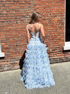 Blue Floral Tiered Ruffled Corset Prom Dress With A Line Silhouette