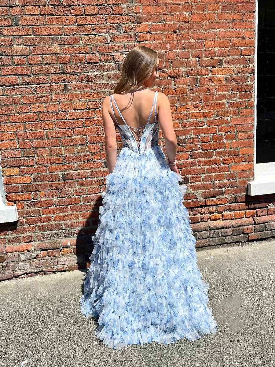 Blue Floral Tiered Ruffled Corset Prom Dress With A Line Silhouette