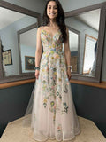 Whimsical Pastel Floral Embroidered Tulle A-Line Prom Dress