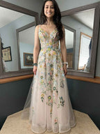 Whimsical Pastel Floral Embroidered Tulle A-Line Prom Dress