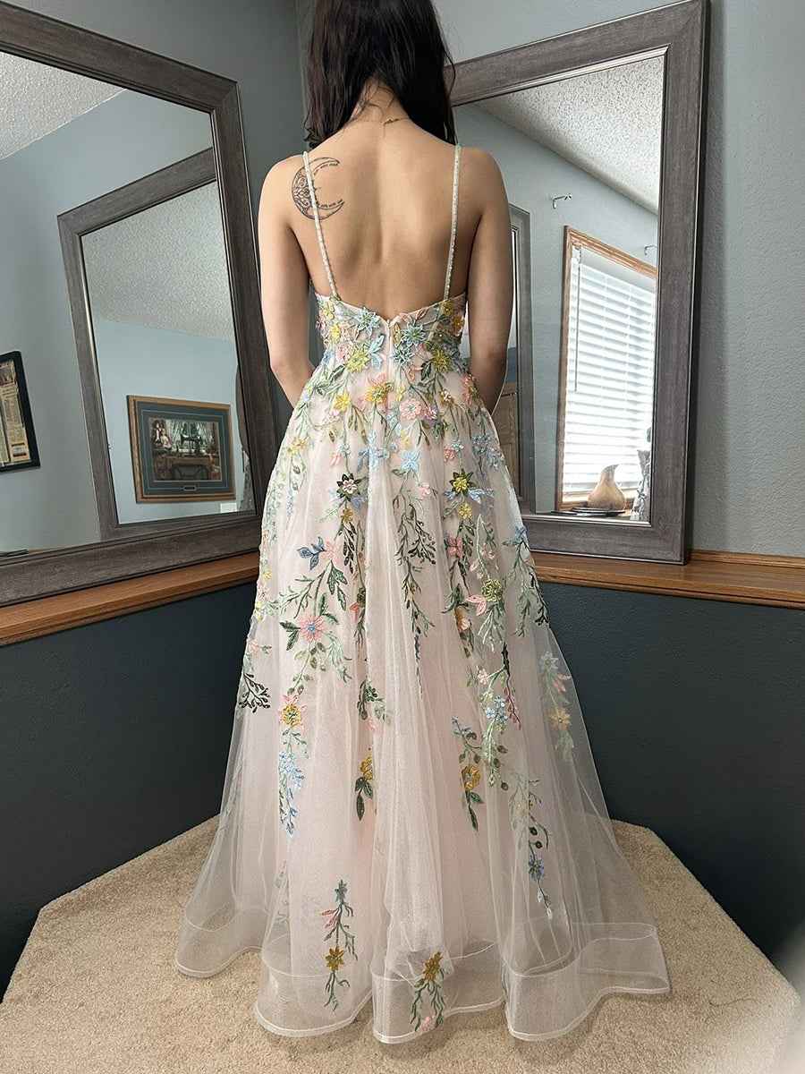 Whimsical Pastel Floral Embroidered Tulle A-Line Prom Dress