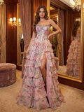 Pink Floral Tiered Ruffles Prom Dress With Corset Bodice And Slit