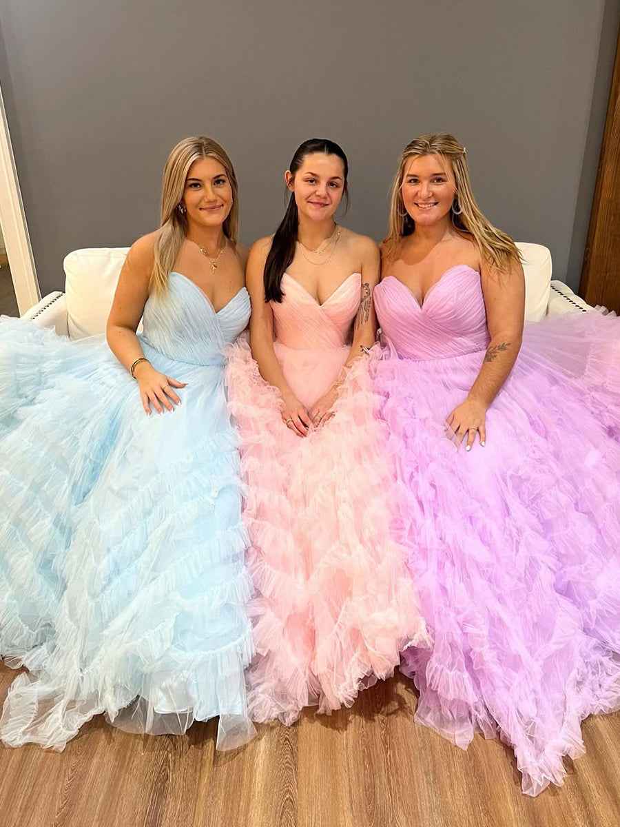 Strapless Ruffled Tulle Long Prom Dress Ball Gown Pastel Lavender