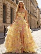 Whimsical Yellow Floral Tiered Corset Prom Dress With Slit