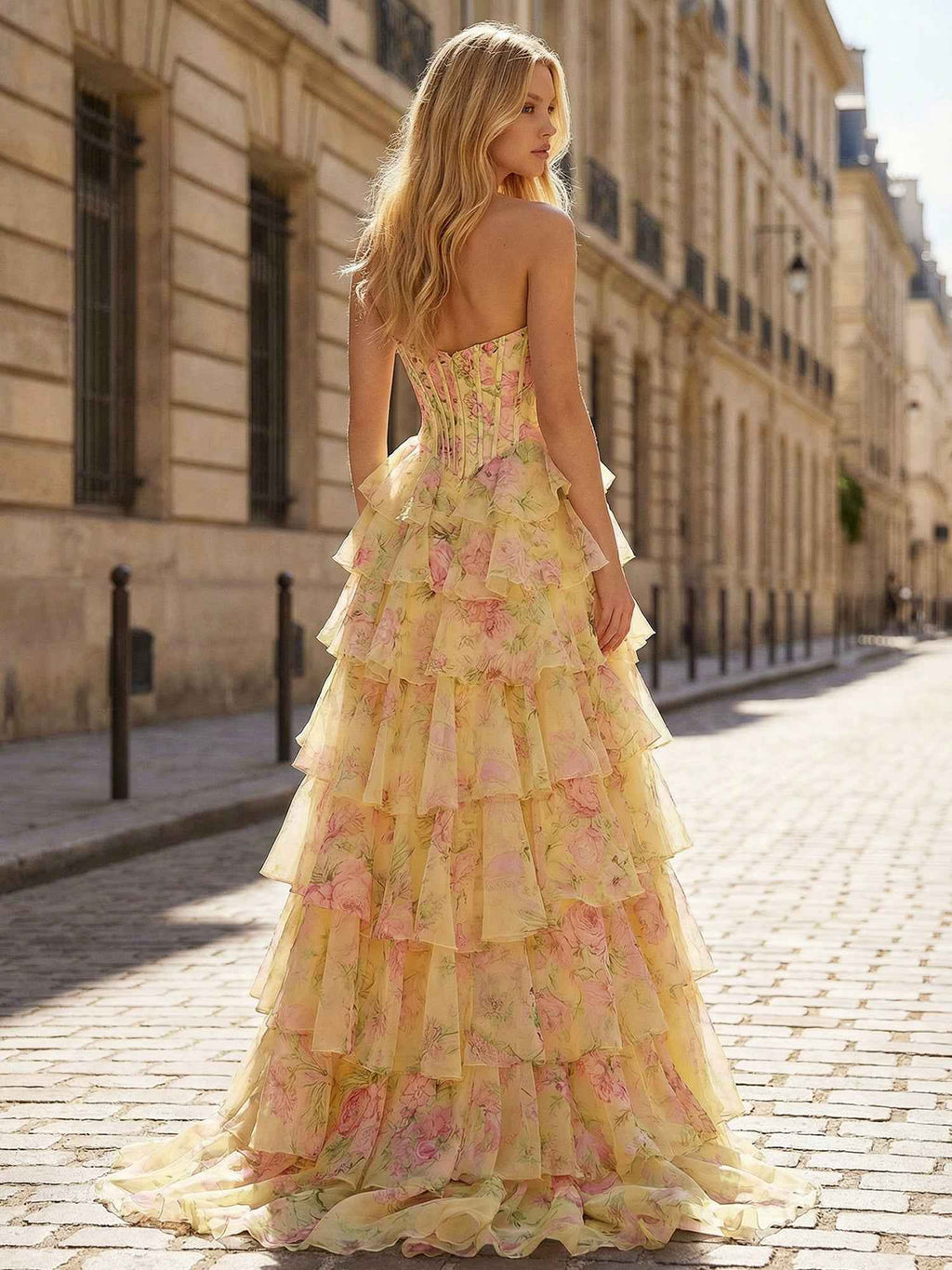Whimsical Yellow Floral Tiered Corset Prom Dress With Slit