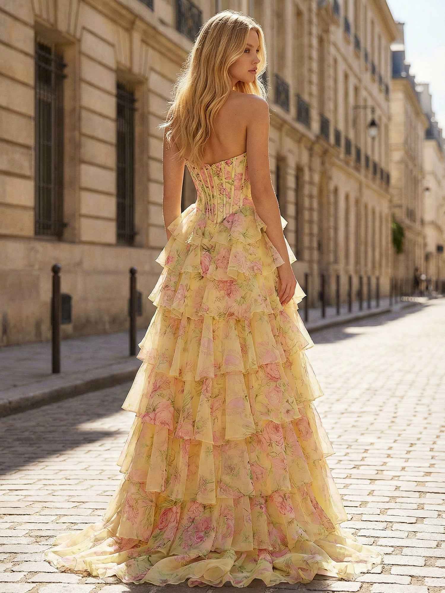 Whimsical Yellow Floral Tiered Corset Prom Dress With Slit
