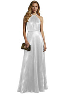 Gold Metallic Halter Pleated Long Prom Dress