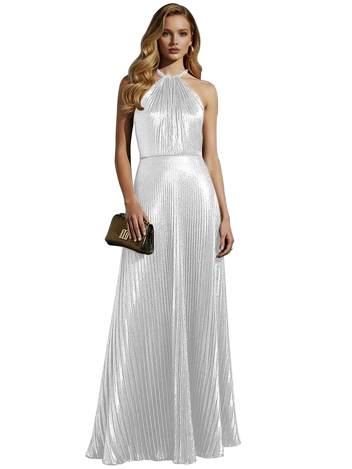 Gold Metallic Halter Pleated Long Prom Dress